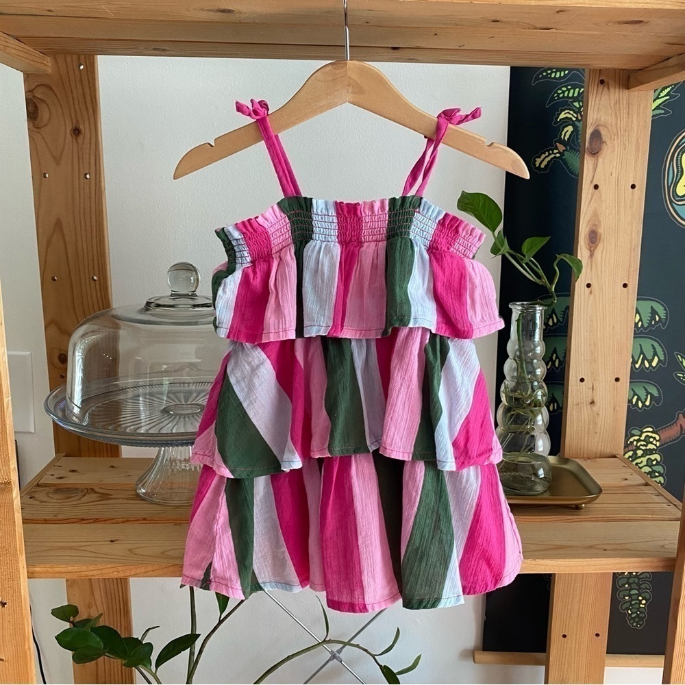 Janie and Jack Green Pink Smocked Gauze Tiered Ruffle Sundress - Picture 2 of 8